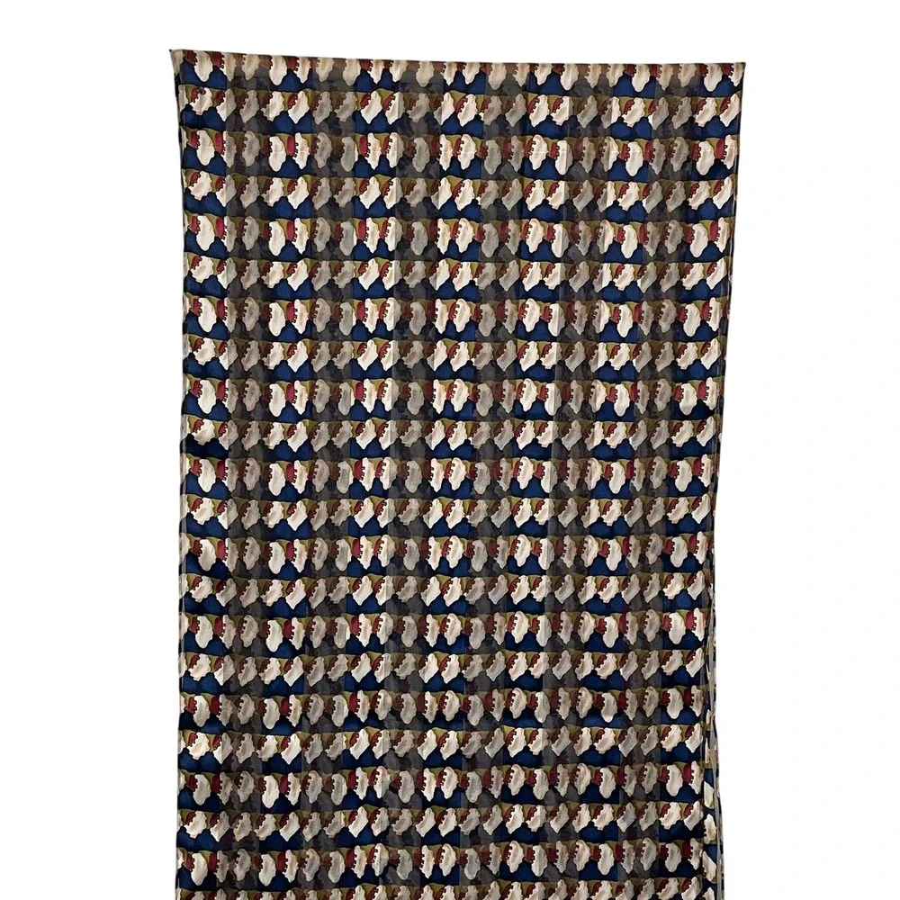 Vintage Style 100% Silk Abstract‎ Geometric Print Scarf Navy Blue Cream 64x13